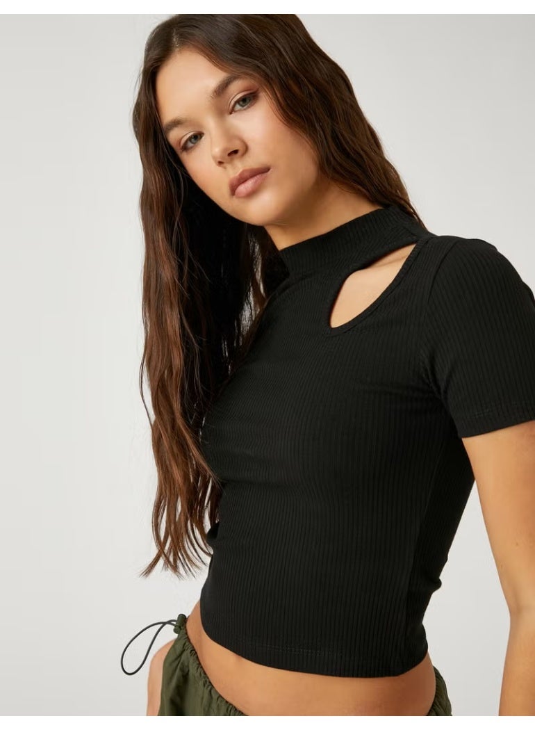 KOTON Crop T-Shirt with Window Detail High Collar Short Sleeve - Image 2